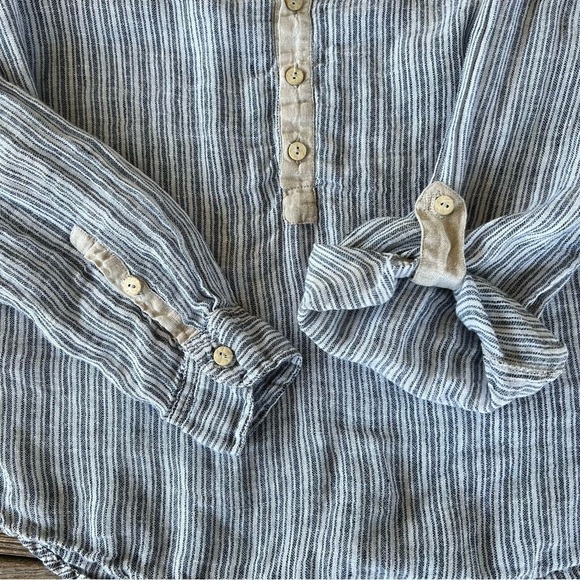 Mastro Moda Italy 100% Linen Stripe Popover Henley Top Blue Ecru Roll Tab Small - Picture 8 of 13